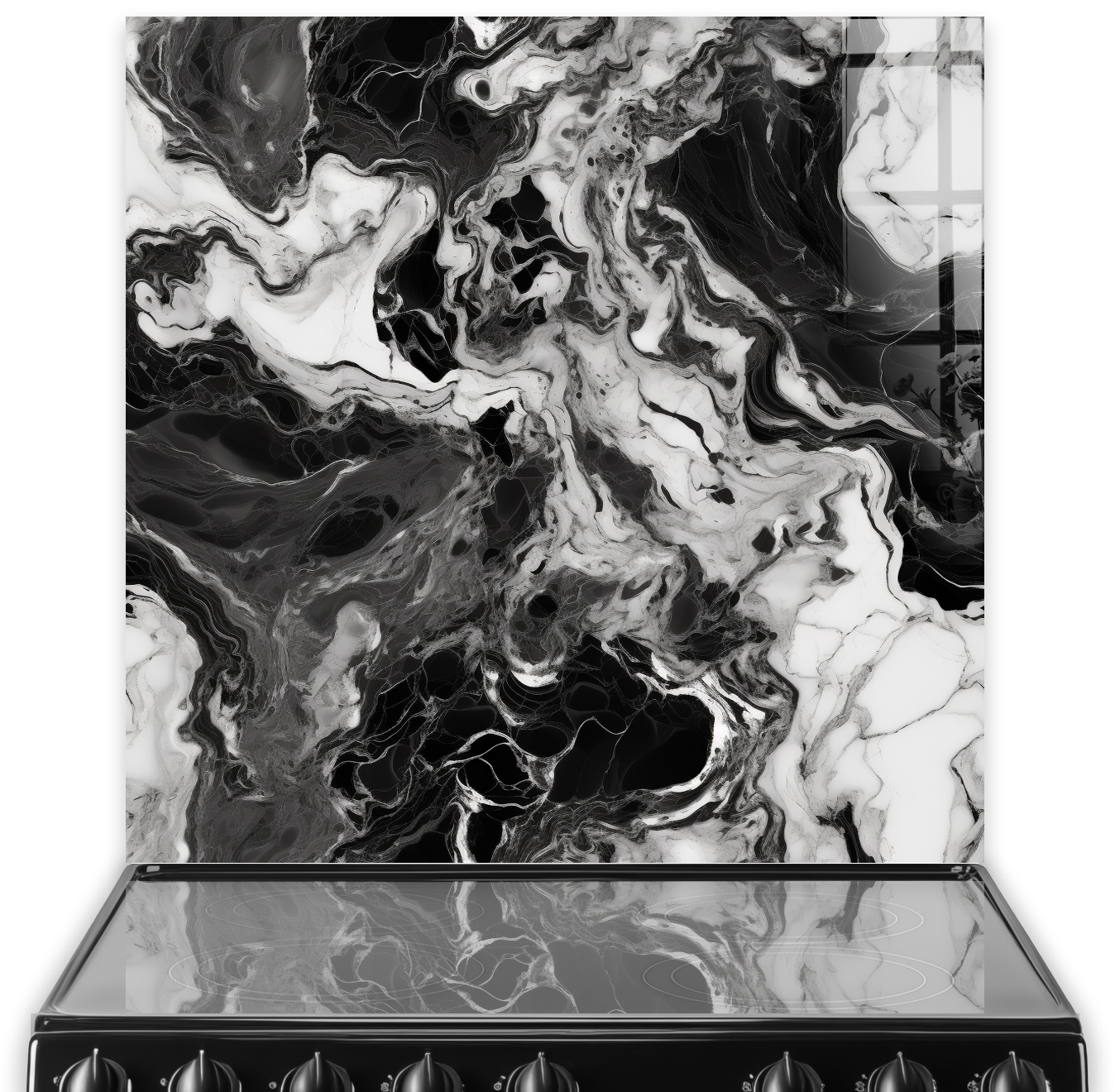 A marble kitchen splashback showcasing swirls of black, white, and grey.