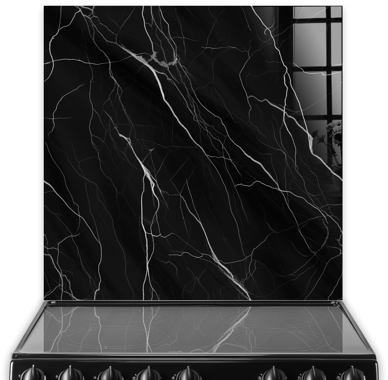 A sleek marble kitchen splashback with black and white veins creating a striking contrast.