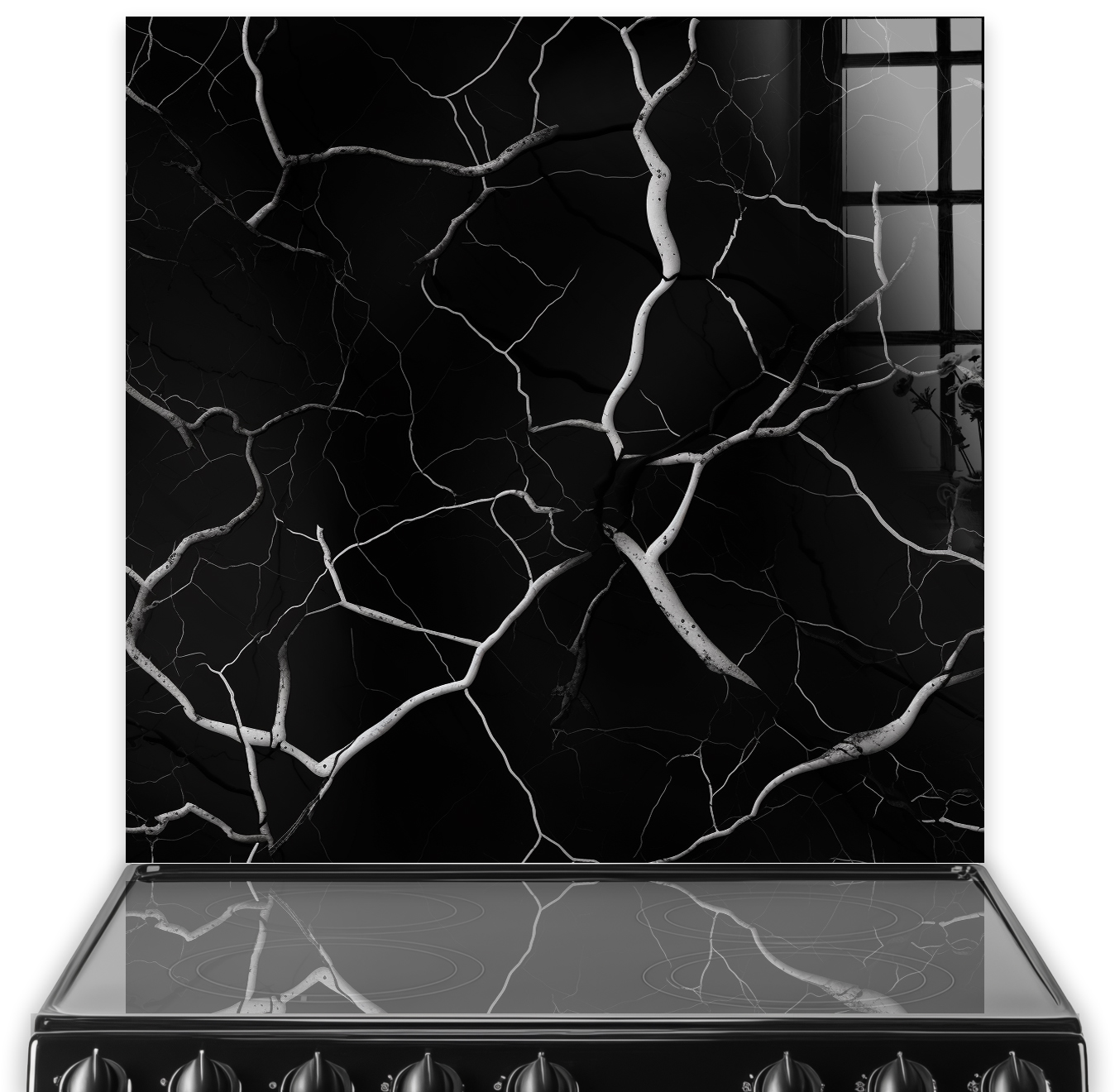 Black marble splashback with intricate white lightning-like veins.