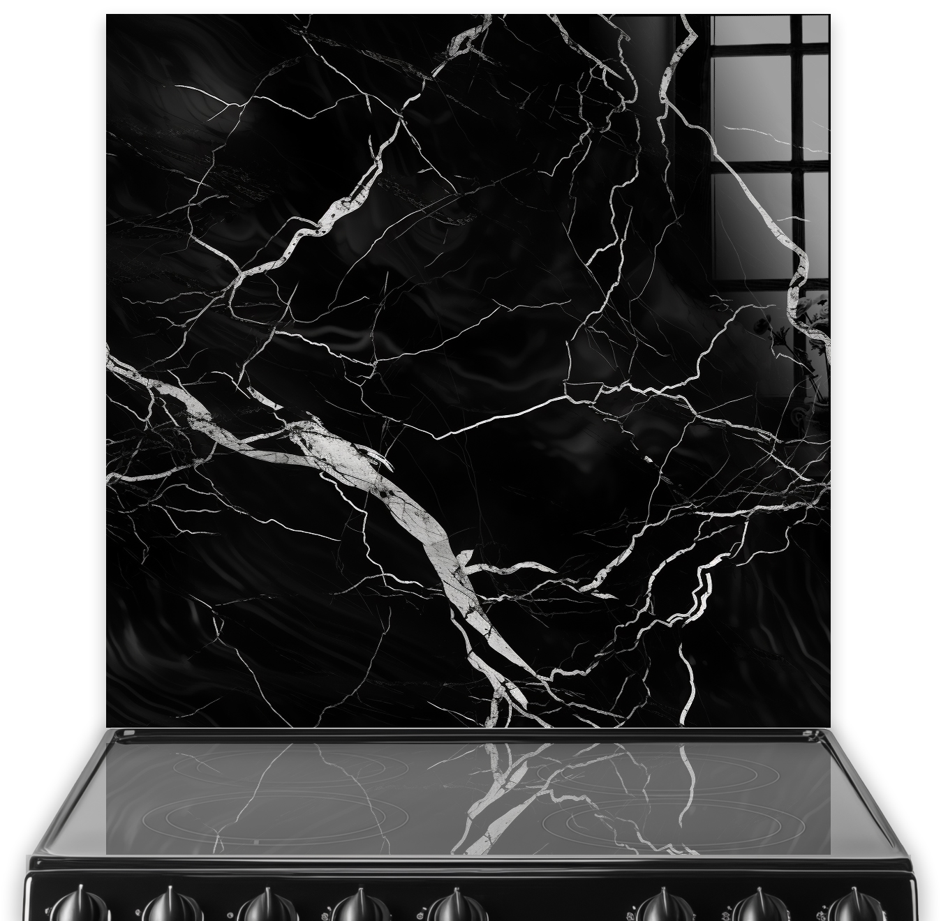 Monochrome marble splashback with distinctive white and grey lightning-like veins.
