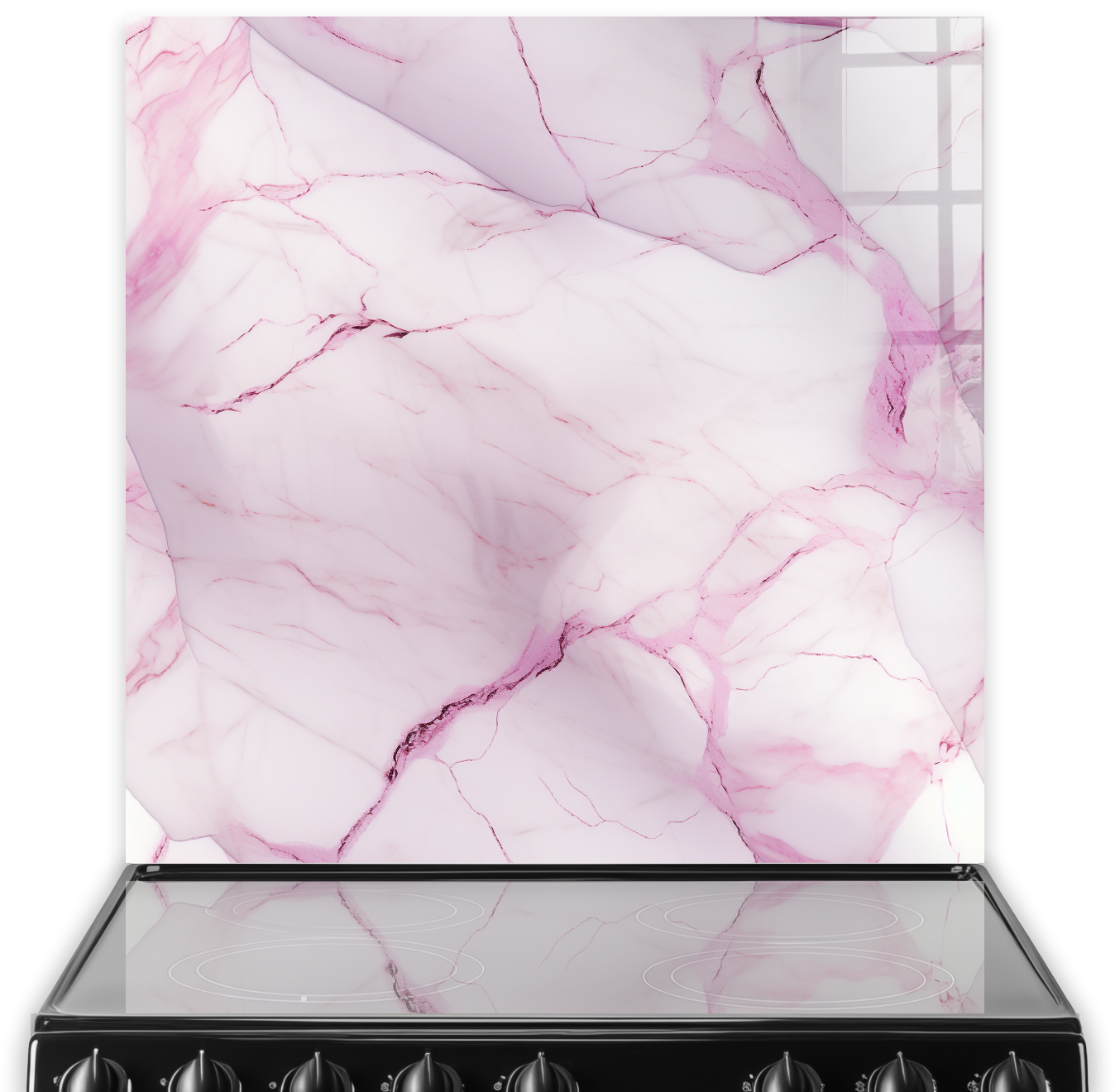 A marble kitchen splashback with white base and crimson-pink veins.
