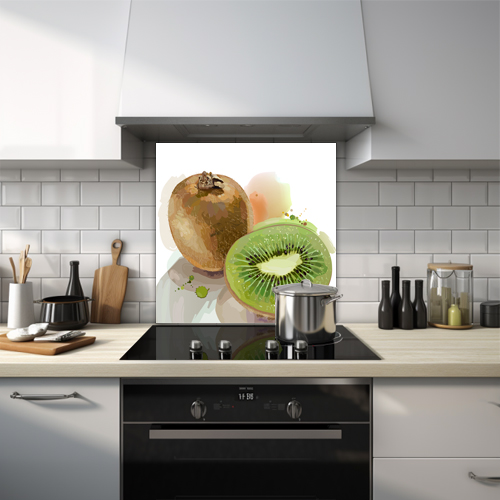 Watercolour glass splashback of two kiwis on a white background, one split open.