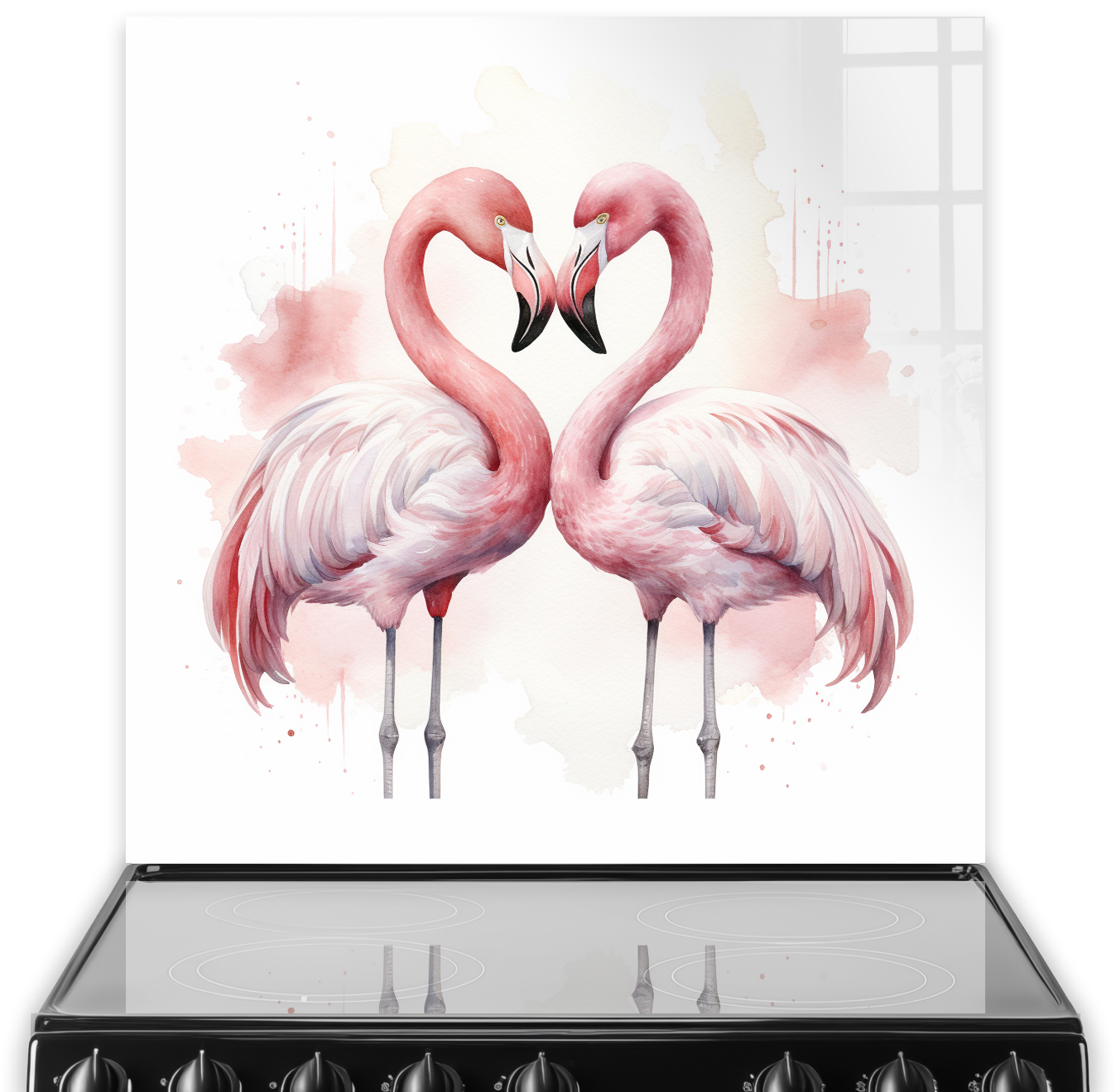 A pair of pink flamingos in a loving pose on a printed kitchen splashback above a stove, blending romance with functional art