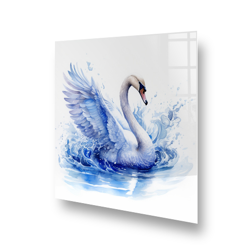 A kitchen splashback featuring a painted swan with blue and white feathers amidst splashes of blue water, above a modern stove. Side View