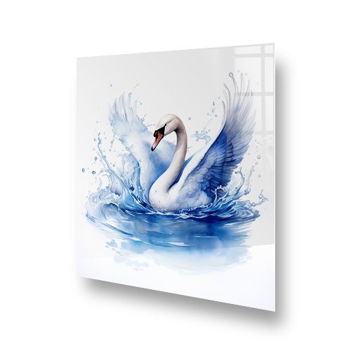 Elegant swan design on a kitchen splashback in hues of blue and white with a dynamic watercolour effect Side View