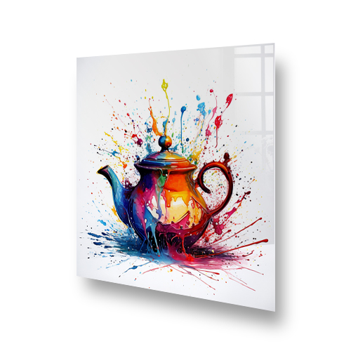Colourful teapot with swan designs in a splash of paint on a kitchen splashback Side View