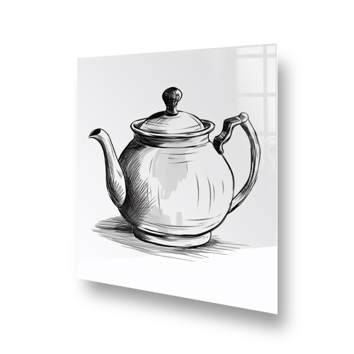 Monochromatic teapot sketch on kitchen splashback above stove Side View