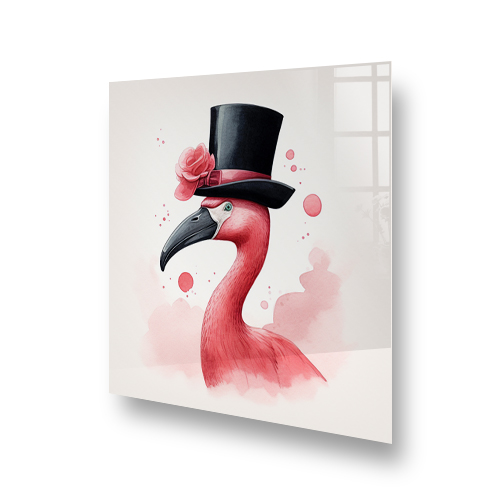Whimsical pink flamingo wearing a top hat kitchen splashback art on white background Side View
