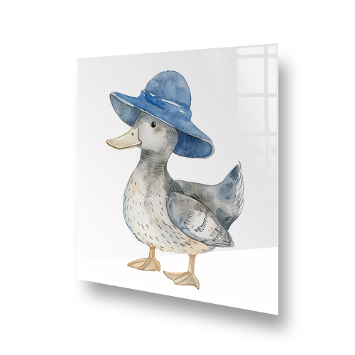 Quirky illustrated duck wearing a blue hat on kitchen splashback Side View