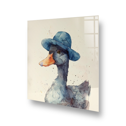 Watercolour painting of a duck wearing a blue cap as a printed kitchen splashback Side View