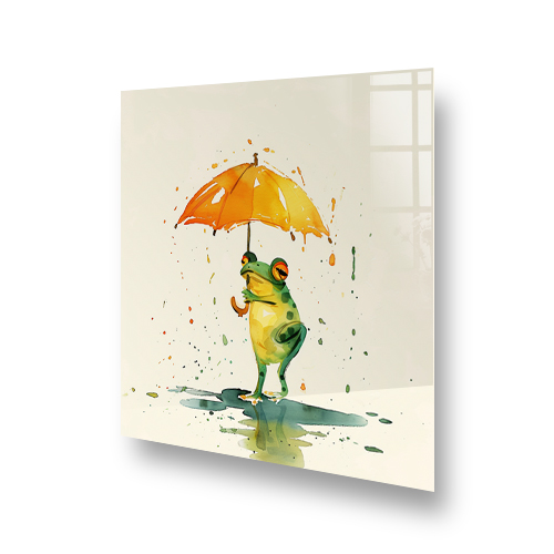 Whimsical green frog under an orange umbrella kitchen splashback art Side View