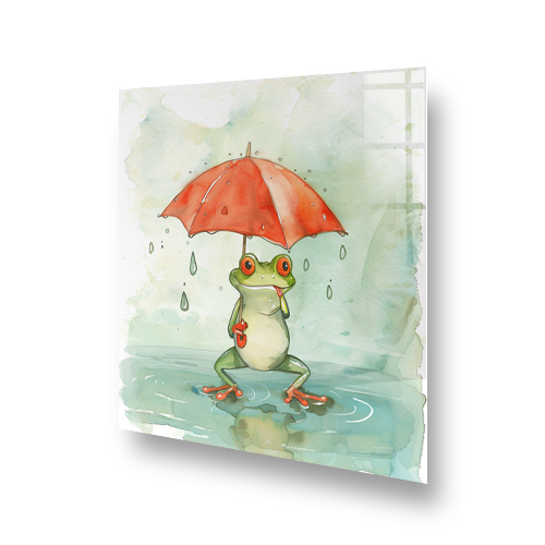 Illustrated frog with red umbrella kitchen splashback design in watercolour style Side View