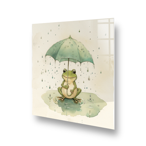 Charming kitchen splashback art of a frog under an olive-green umbrella with pastel tones and a rain shower effect. Side View