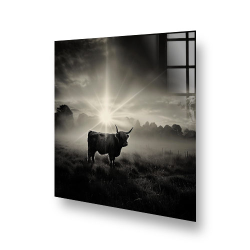 Monochromatic kitchen splashback art featuring a Highland cow in misty light Side View