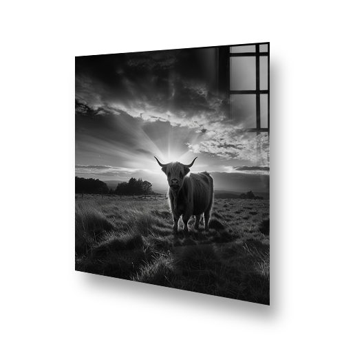 Monochrome Highland cow kitchen splashback art in morning light Side View