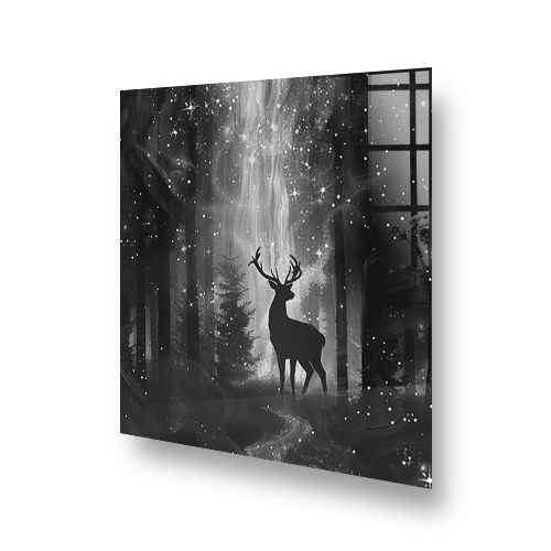 Monochrome kitchen splashback art with a stag in an ethereal forest scene Side View