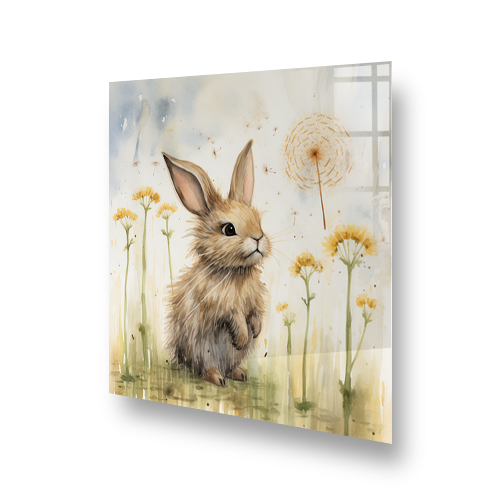 A captivating kitchen splashback featuring a hare amidst a watercolour scene of dandelions and wildflowers in soft shades of brown, cream, olive green Side View