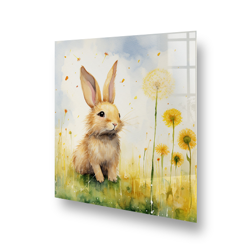 Watercolour hare illustration in a meadow on kitchen splashback Side View