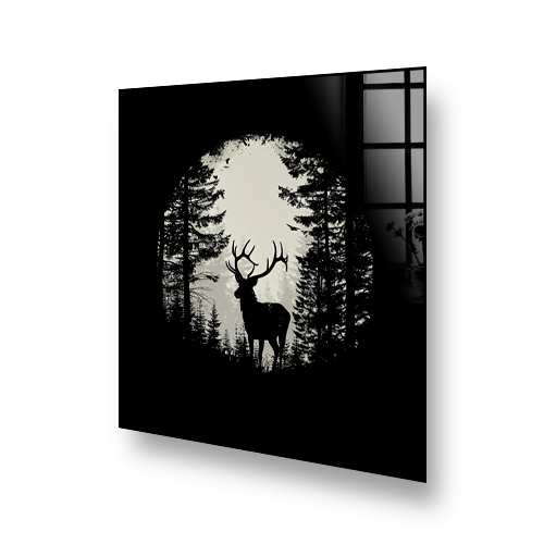 Black and white kitchen splashback featuring a stag silhouette against a moonlit forest backdrop Side View