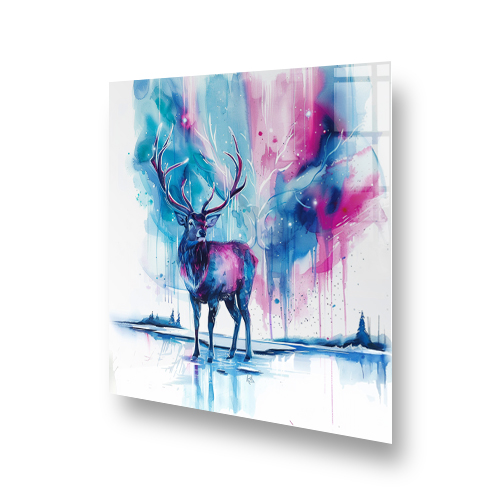 Vibrant watercolour stag splashback in kitchen setting with blue and pink hues Side View