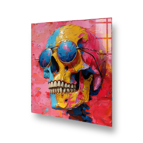 Colourful painted skull with blue sunglasses on a kitchen splashback Side View