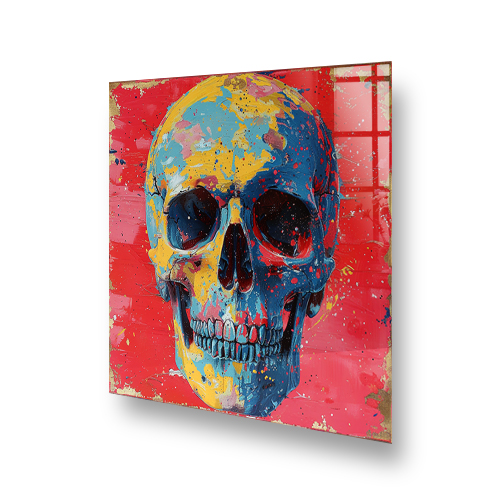 Colourful skull art kitchen splashback above a stove reflecting the artwork Side View