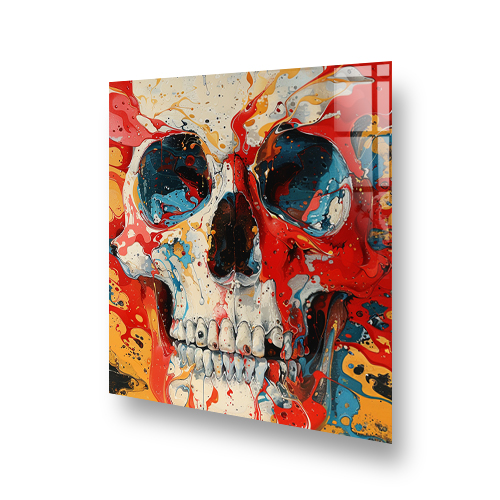 Bold and colourful skull kitchen splashback art with red, blue, and yellow accents" Side View