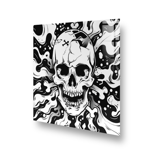 Monochrome graffiti skull kitchen splashback art against a black and white abstract background Side View