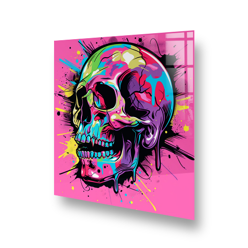 Colourful skull kitchen splashback art against a pink background with blue, yellow, and pink accents Side View