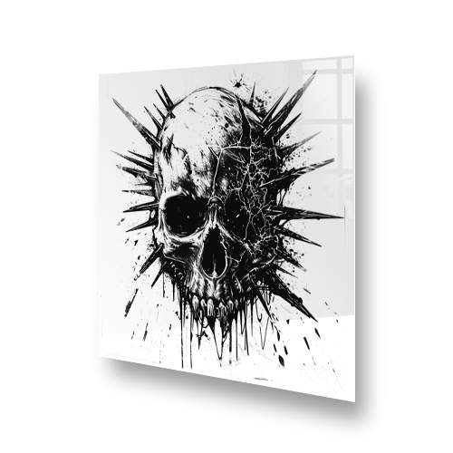 Monochrome skull design with spiky aura kitchen splashback artwork over cooker Side View