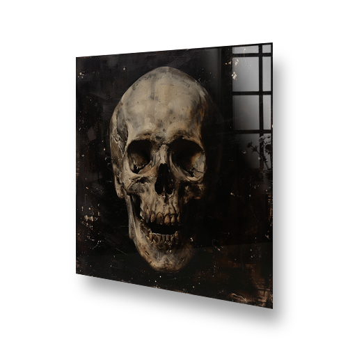 A detailed and intense skull-themed splashback art in shades of brown and black behind a black stovetop Side View