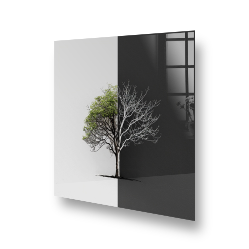 Artistic kitchen splashback with a dual-season tree design, portraying a half green and half bare tree against a grey backdrop Side View