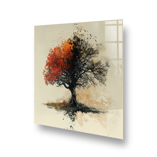 Abstract autumn tree kitchen splashback with orange and red foliage on a cream background Side View