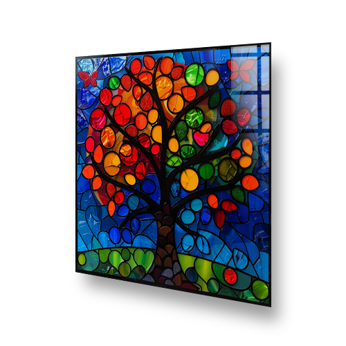 Colourful stained glass style tree design kitchen splashback Side View