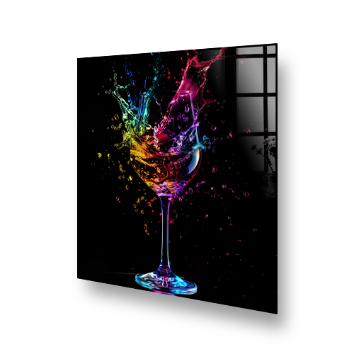 Colourful splash of wine in a glass against a dark background - kitchen splashback art Side View