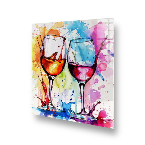 Colourful wine glass art on kitchen splashback with splashes of red, orange, blue, and black Side View