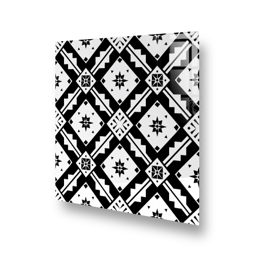 Black and white geometric patterned splashback with interlocking diamond and star shapes Side View