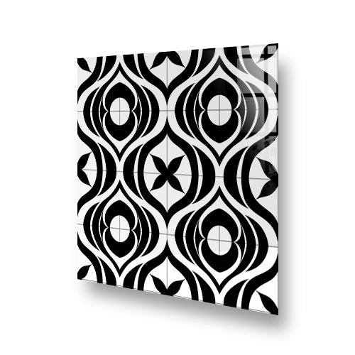 Black and white geometric pattern art featuring circular and petal-like shapes for an elegant interior design Side View