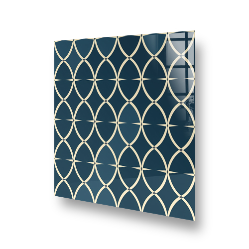 Elegant navy and gold interlocking circle pattern on printed art panel Side View