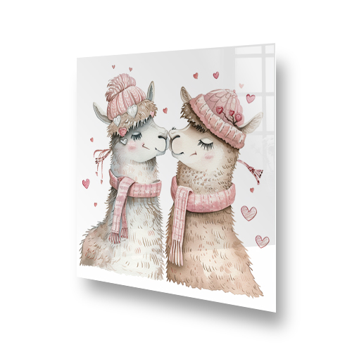 Whimsical alpacas in winter attire sharing an affectionate moment on a kitchen splashback Side View