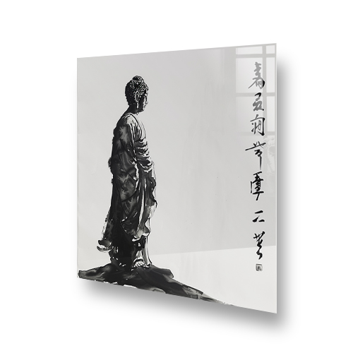 Monochrome Buddha Splashback Art with Calligraphy Side View