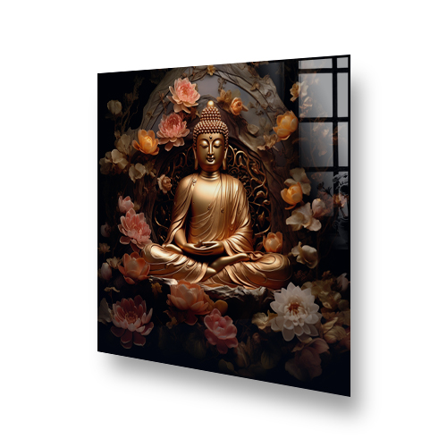 Golden Buddha in meditation with floral background printed as kitchen splashback art Side View