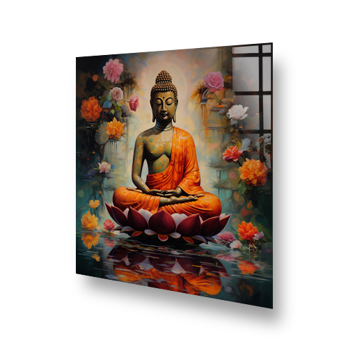 Meditative Buddha surrounded by colourful flowers printed on glass kitchen splashback Side View