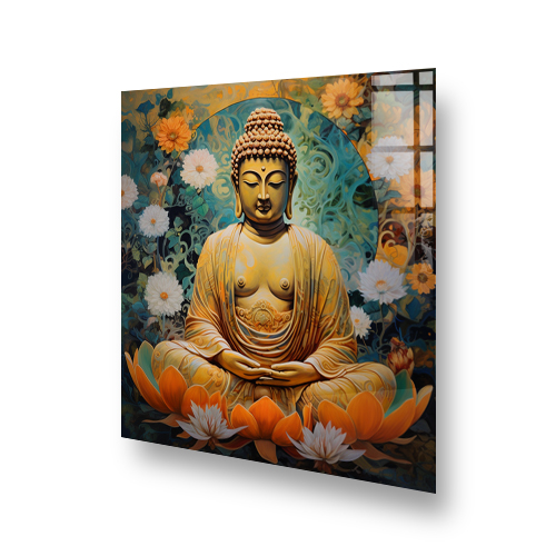 Calm golden Buddha meditating among flowers on orange and blue background splashback art Side View