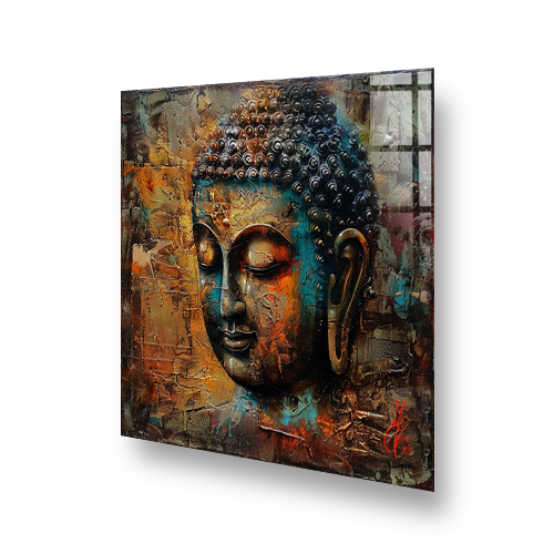 Rustic Weathered Buddha Face in Warm Earth Tones on Kitchen Splashback Side View