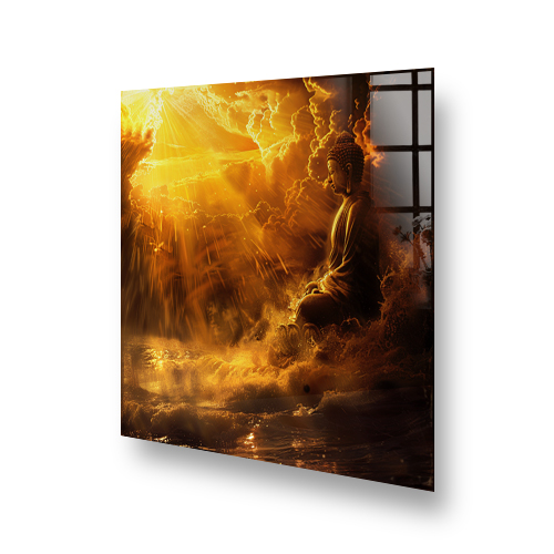 Tranquil Buddha splashback art with golden yellow sunrise and deep brown tones for kitchen decor Side View