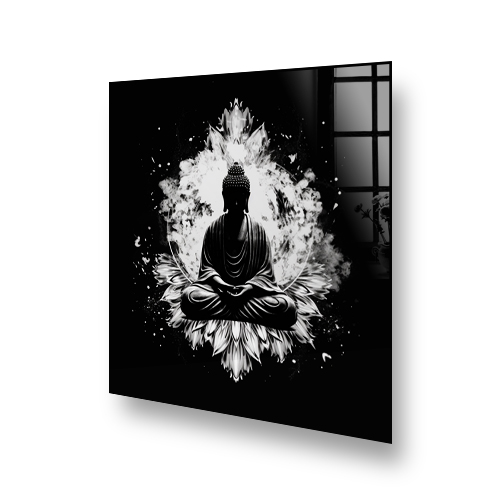 Monochrome Buddha art splashback design in black and white for kitchen decor Side View
