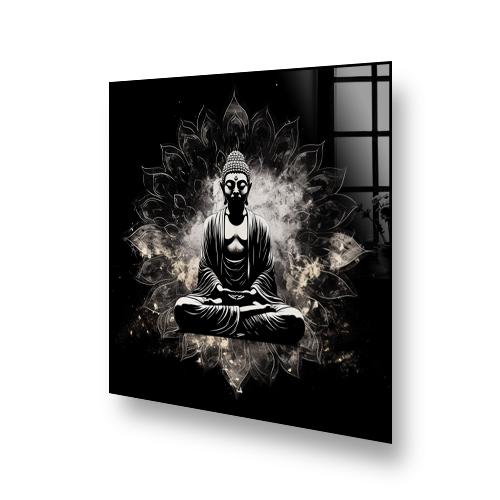 Monochrome Buddha image with lotus flower design on kitchen splashback Side View