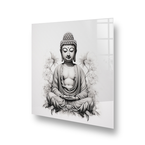 Monochrome Sketch Buddha splashback art for kitchen wall above stove Side View
