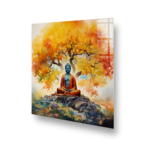 Teal Buddha Meditating with Autumn Leaves Splashback Design Side View
